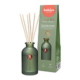 Ein Raumduft-Diffuser mit Rattanstäbchen aus grünem Milchglas mit der Duftrichtung "Botanic Freshness". Im Hintergrund ist die Verpackung des Artikels mit Bolsius Schriftzug zu sehen.
