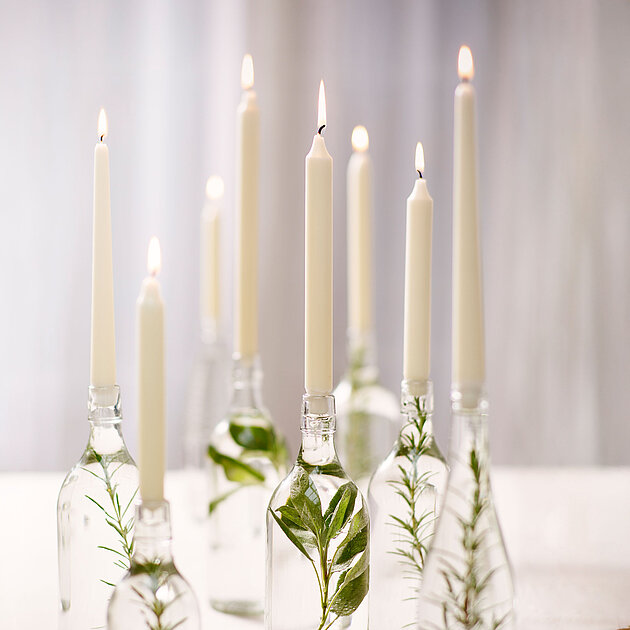 Stilvoll und natürlich dekoriert: Bolsius Professional Tafelkerzen und Spitzkerzen in Glasflaschen mit frischem Grün sorgen für eine elegante, ruhige Atmosphäre bei besonderen Anlässen oder im Alltag.