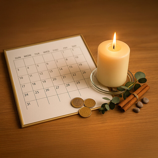 Ein aufgeschlagener Monatskalender liegt auf einem Holztisch. Daneben steht eine brennende, cremefarbene Stumpenkerze auf einem Glasuntersetzer. Um die Kerze herum liegen drei Euro-Münzen, ein kleiner Zweig Eukalyptus, einige Kieselsteine und zwei zusammengebundene Zimtstangen. Die warme Lichtstimmung wirkt einladend und dekorativ.