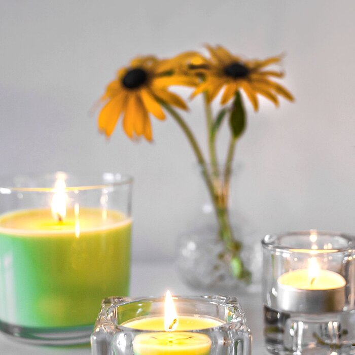 Drei brennende Bolsius Duftkerzen, angeordnet auf einer weißen Oberfläche. Eine der Kerzen ist in einem transparenten Glasbehälter mit hellgrünem Wachs. Die andere steht ebenfalls in einem Glasbehälter und enthält weißes Wachs. Zwei weitere Duftkerzen bef