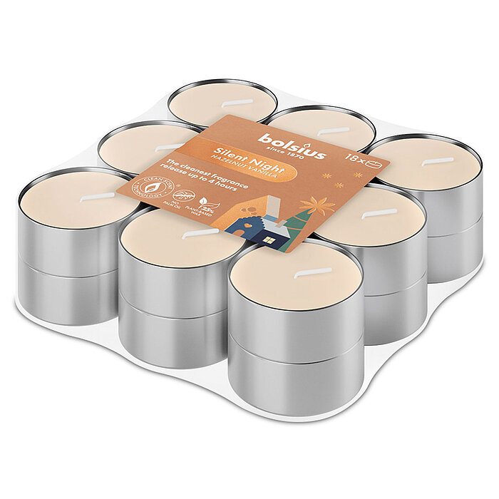 Ein 18er Pack Bolsius Duftteelichter im Alubecher mit cremefarbenem Wachs und Haselnuss-Vanille-Duft.