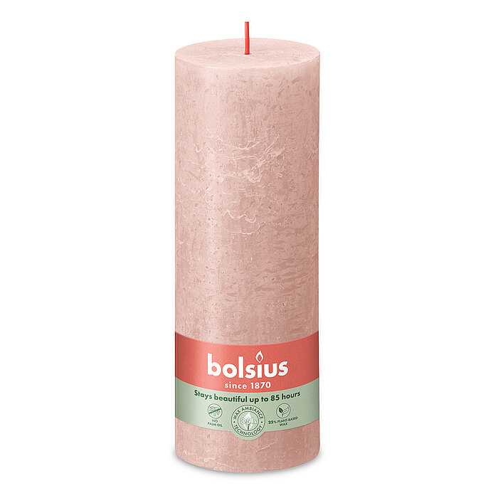 Eine Rustik Stumpenkerze in der Farbe Nebliges Rosa Größe 190/68 mm