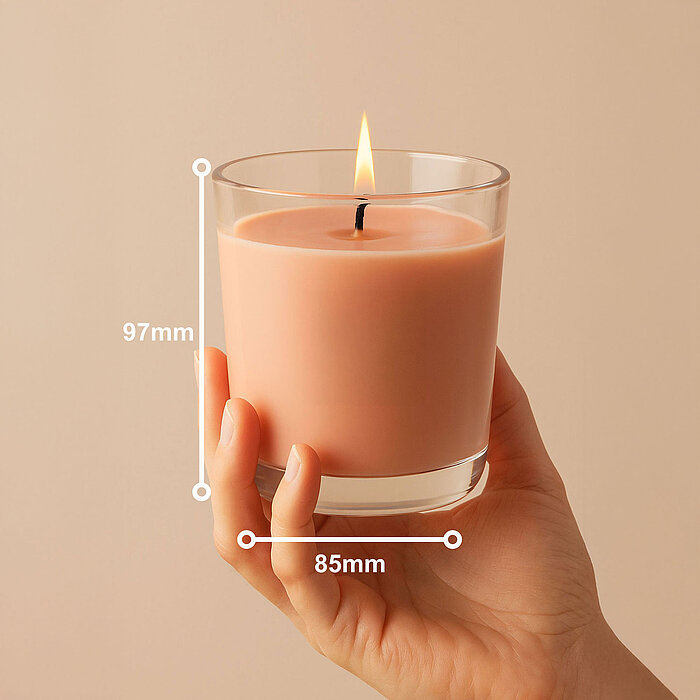 Eine Hand hält eine brennende Duftkerze im Glas von Bolsius. Auf dem Bild wird die Größe von 90/85mm (H/DM) dargestellt.