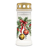 Eine weiße Bolsius Grabkerze mit 70h Brenndauer mit weihnachtlichem Schleifen-Motiv und goldenem Deckel.