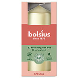 Eine Metallic Stumpenkerze von Bolsius mit den Maßen 120/58mm (H/DM) in der Farbe "Weiß Silber". Im Hintergrund ist nochmals die Kerze in einer eleganten, rosa Verpackung von Bolsius zu sehen.