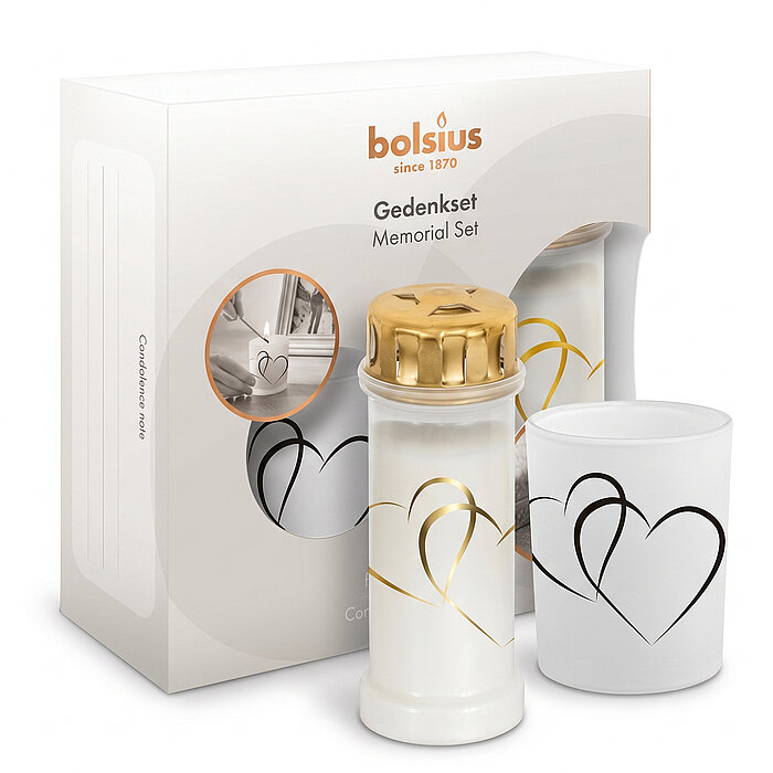 Bolsius Memorial Gedenkset Grabkerze und Kerze im Glas mit Herzmotiv