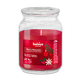 Ein großes Bolsius Duftkerzenglas mit Ingwer-Zimt-Apfel-Duft, in Form eines Bonbonglases mit Deckel und rotem Wachs.