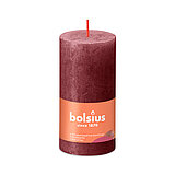 Eine durchgefärbte Rustik Stumpenkerze in der Farbe Samtrot mit den Maßen 100/50mm (H/DM). Der Banderole kann man die Marke "Bolsius" sowie die Hinweise "25% pflanzenbasiertes EU-Wachs", "0% tierisches Fett" und "Ohne Palmöl" ablesen.