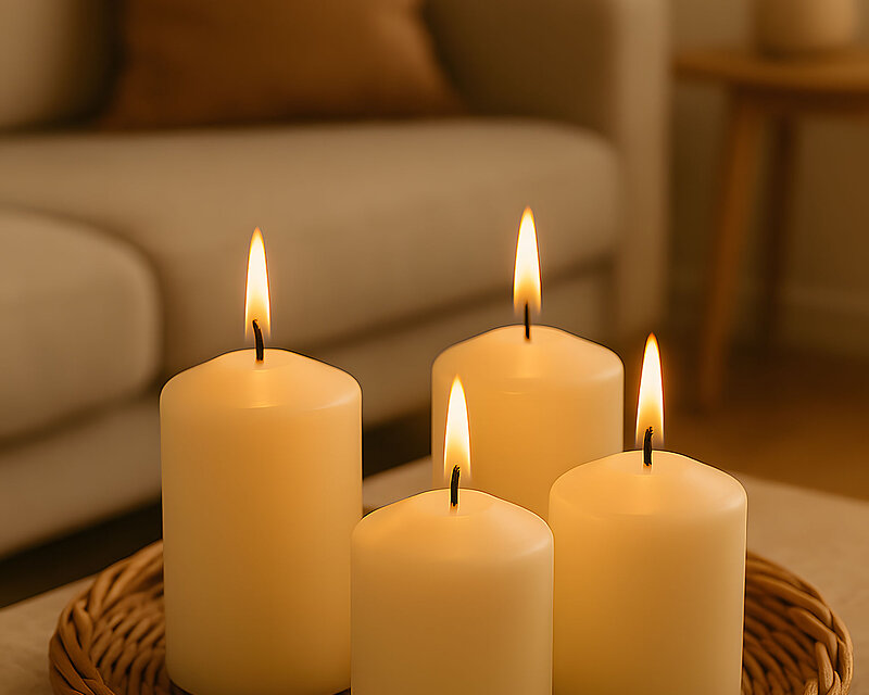 Vier elfenbein-farbene Stumpenkerzen von Bolsius stehen brennend auf einem geflochtenen Tablett, das auf einem hellen Wohnzimmertisch platziert ist. Die Szene ist in sanftes, warmes Licht getaucht. Die Komposition vermittelt ein Gefühl von Geborgenheit und Entspannung – ideal für einen gemütlichen Abend zu Hause.