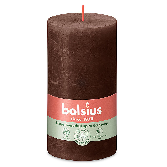 Eine Rustik Stumpenkerze in der Farbe Schokoladenbraun Größe 130/68 mm