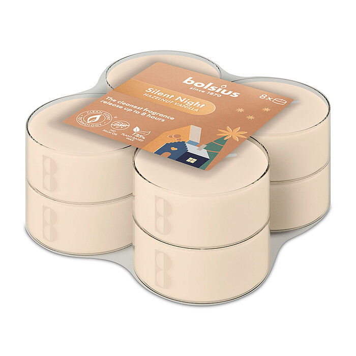 Ein 8er Pack Bolsius Maxi Duft-Teelichter im transparenten Becher, mit cremefarbenem Wachs und mit Haselnuss-Vanille-Duft.