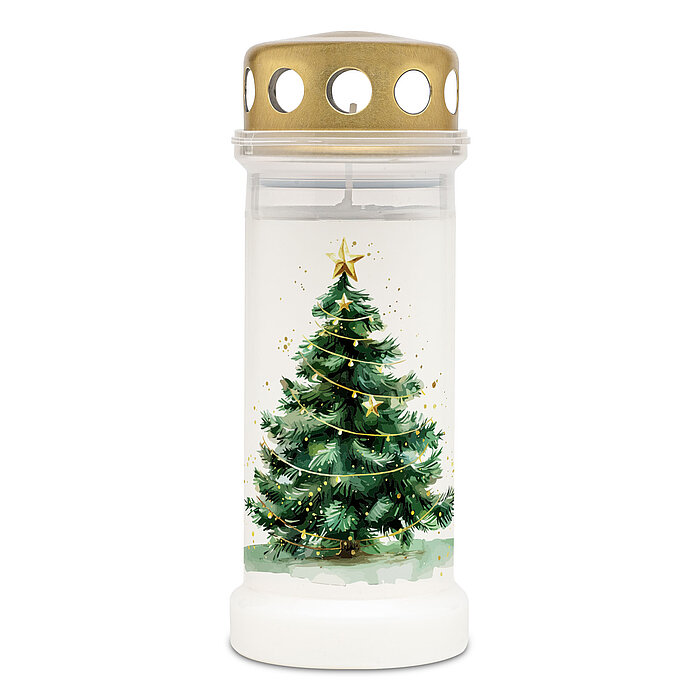 Eine weiße Bolsius Grabkerze mit 70h Brenndauer mit Weihnachtsbaum-Motiv und goldenem Deckel.