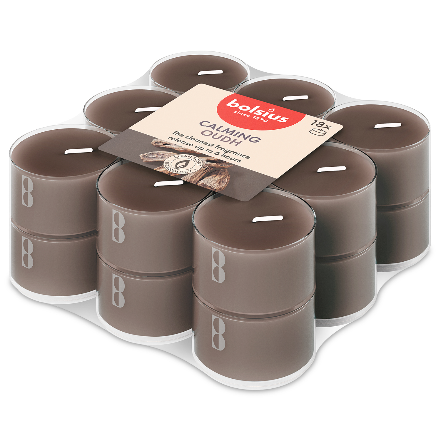18x Bolsius Duft-Teelichter Clear Cup - Oud Wood